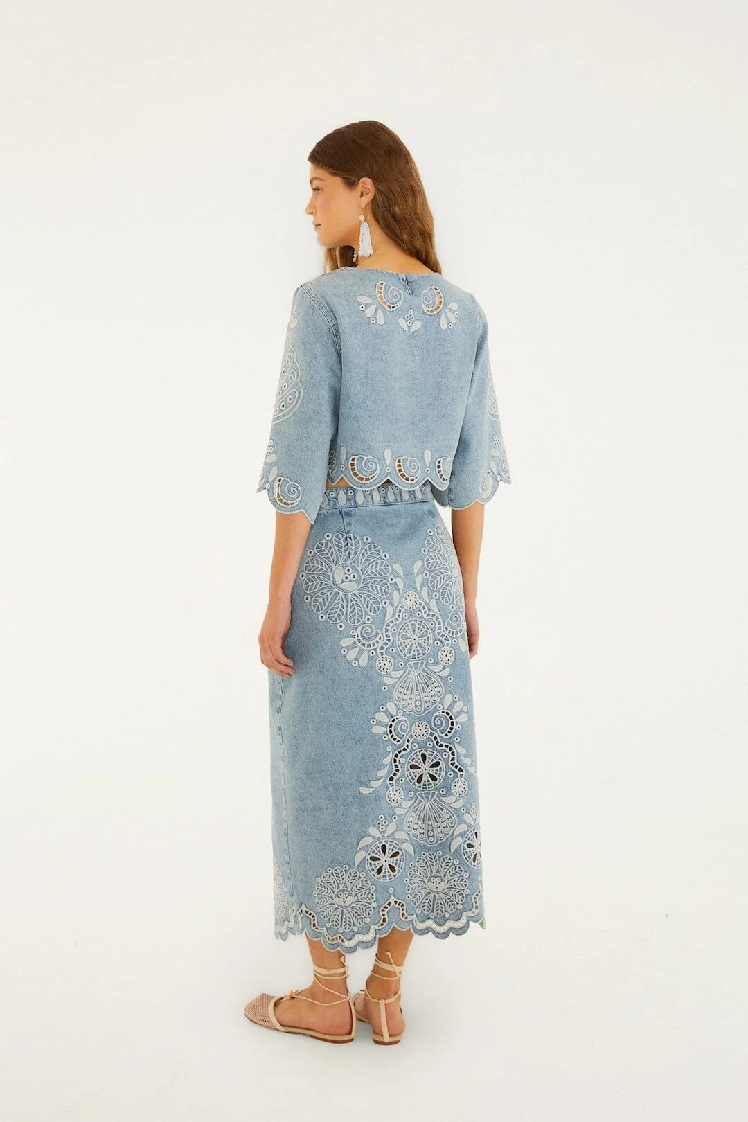 Denim Richelieu Wavy Hem Midi Skirt