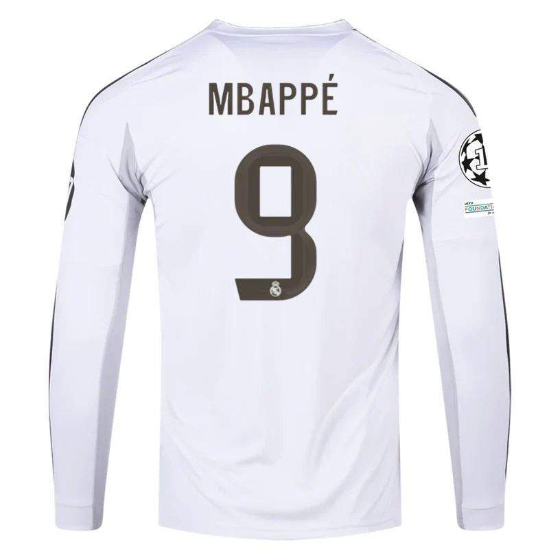 Real Madrid Mbappe Long Sleeve Home Jersey w/ Intercontinental + Champions League Patches 25/26 (White)