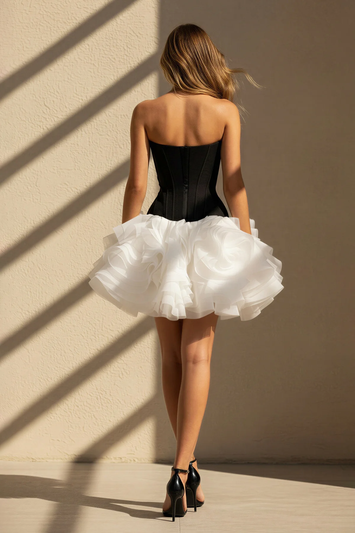 Strapless Ruffled Mini Dress in Black and White