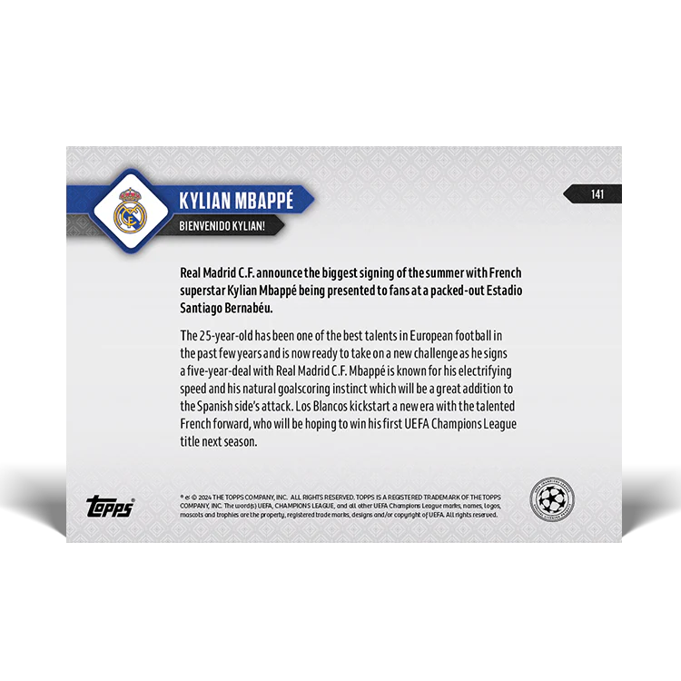 Kylian Mbappé - Bienvenido Kylian! - 24/25 UCL TOPPS NOW® Card 141