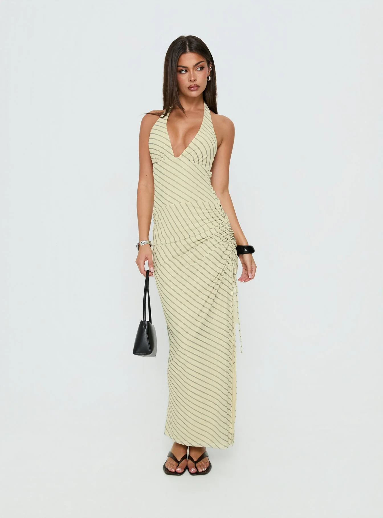 Adolena Halter Ruched Maxi Dress Yellow Stripe