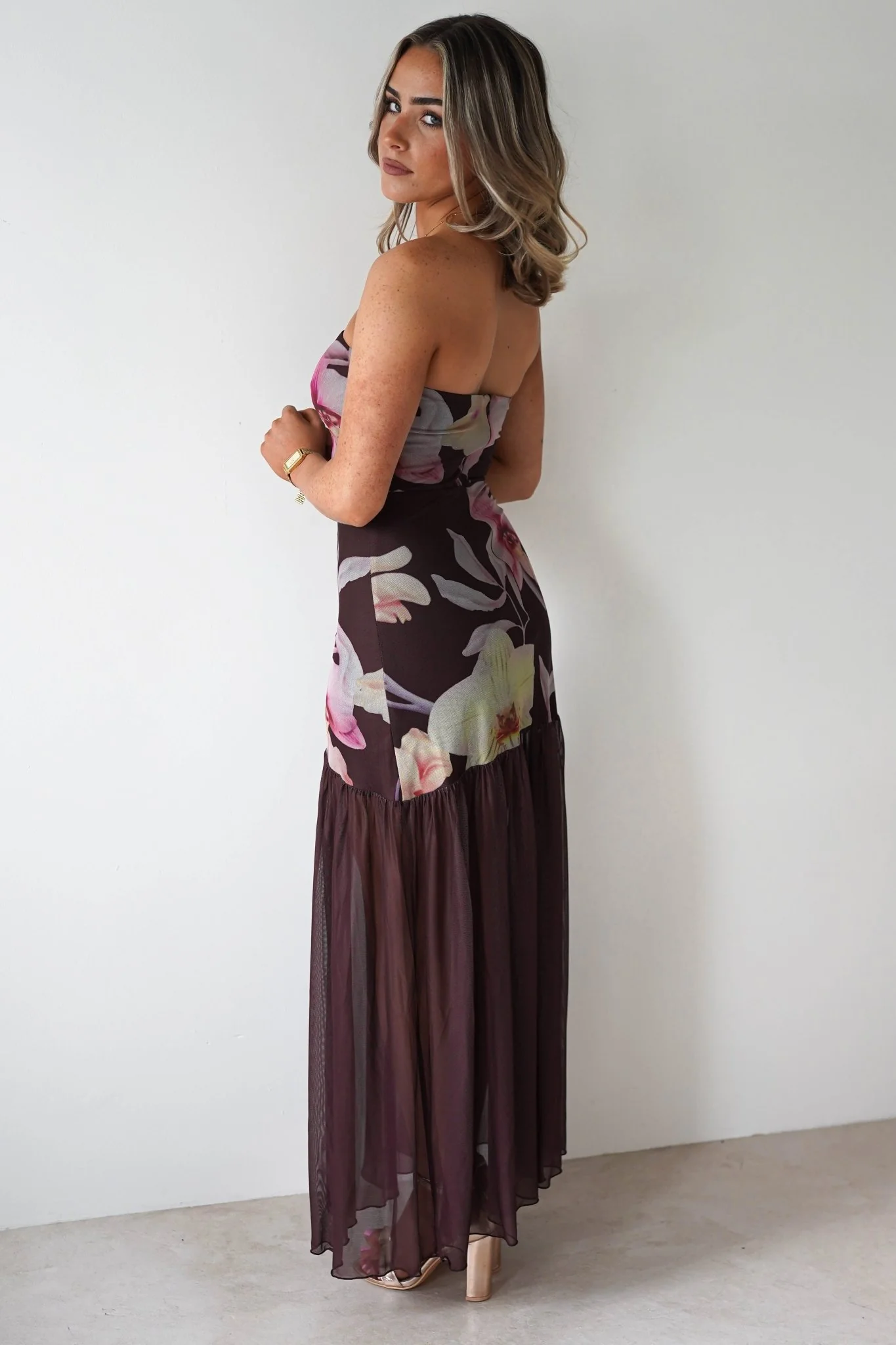 Khalani Strapless Midaxi Dress | Brown Floral
