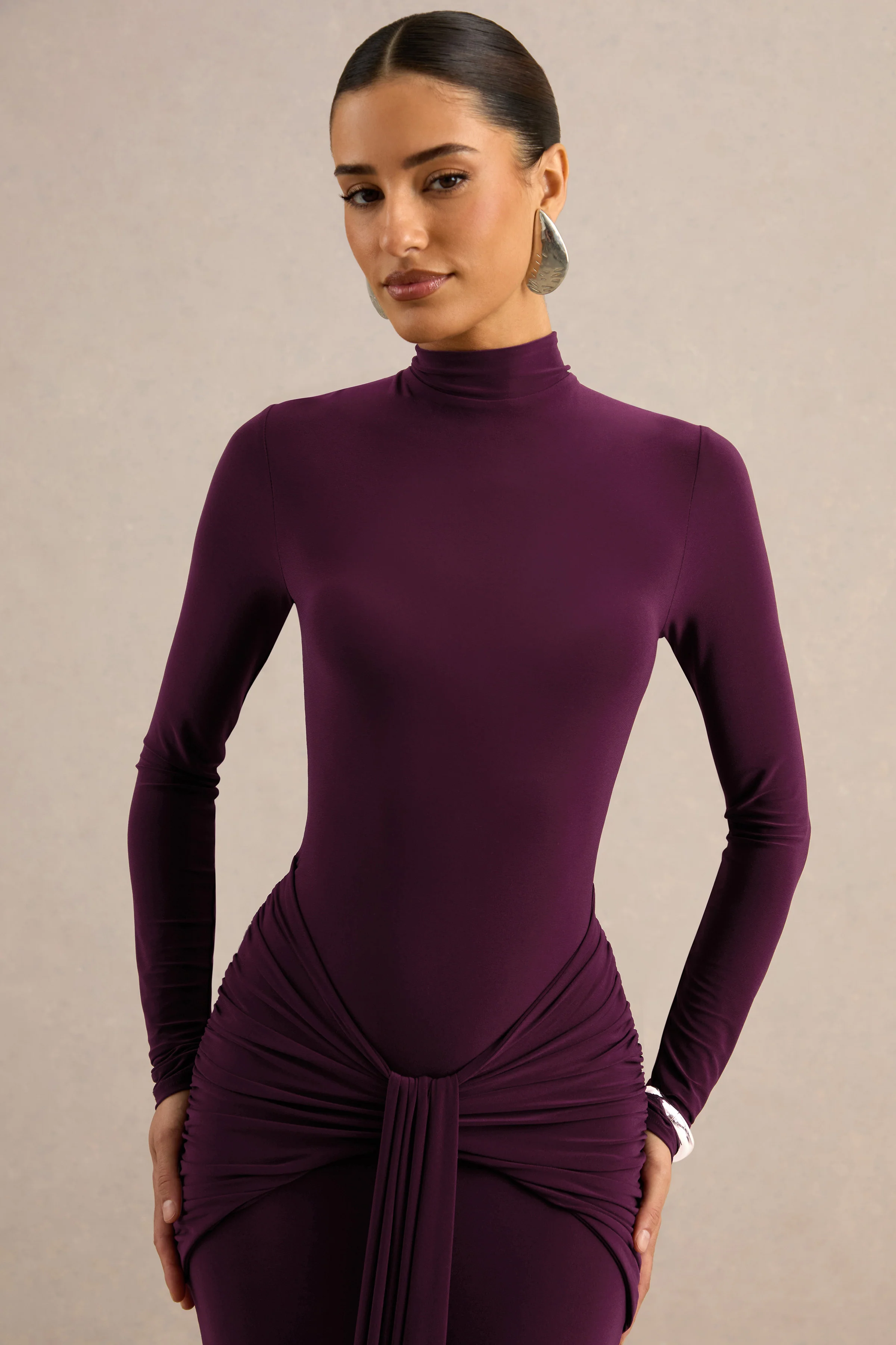 Seraphita | Purple Jersey High Neck Long Sleeve Maxi Dress With Gathered Detailing And Sash