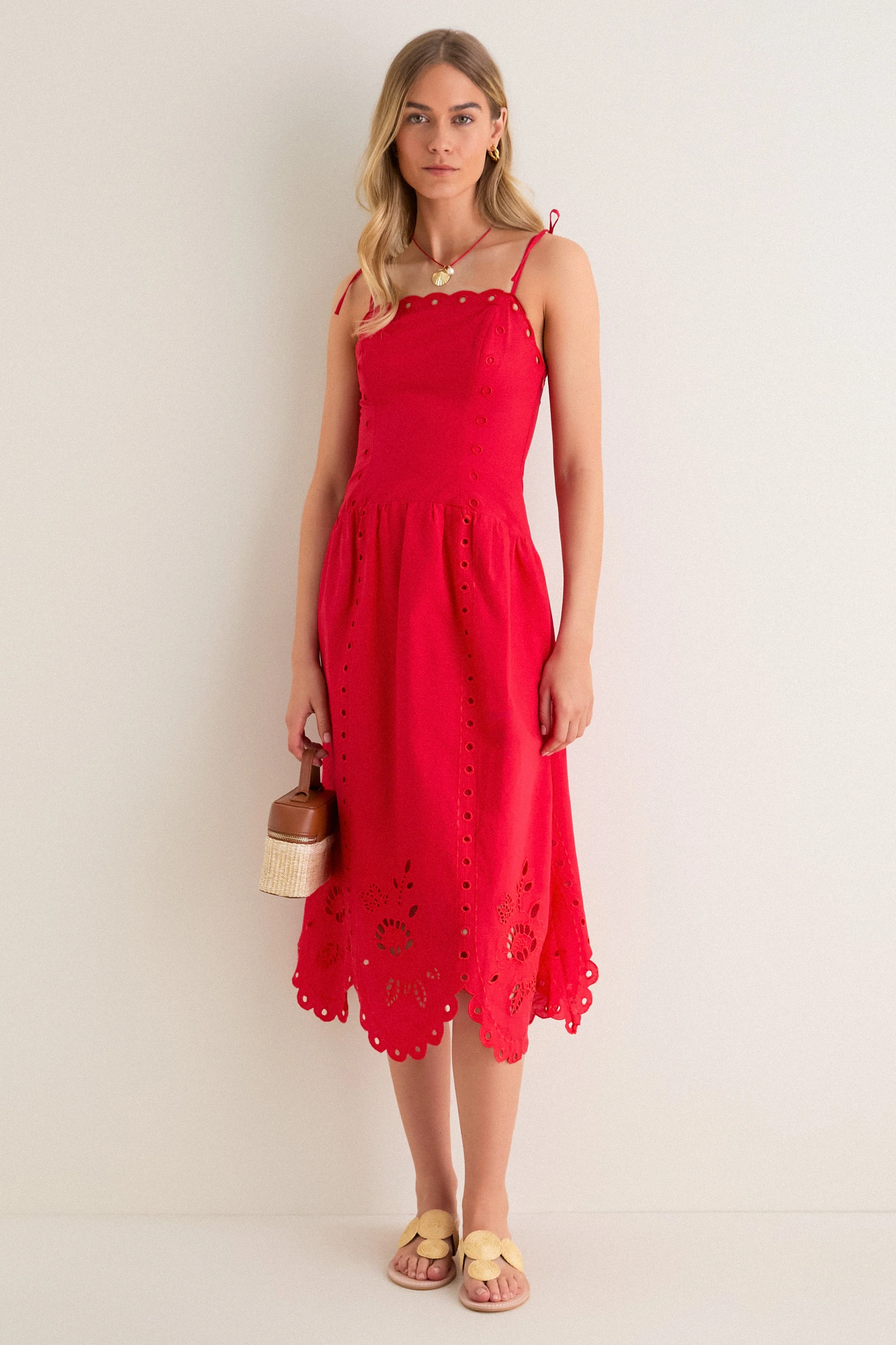 Red Eyelet Detail Midi Dress
