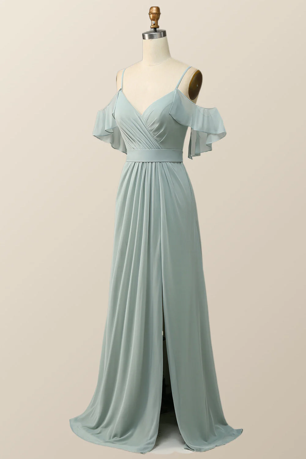 Cold Sleeves Green Chiffon Pleated Long Bridesmaid Dress