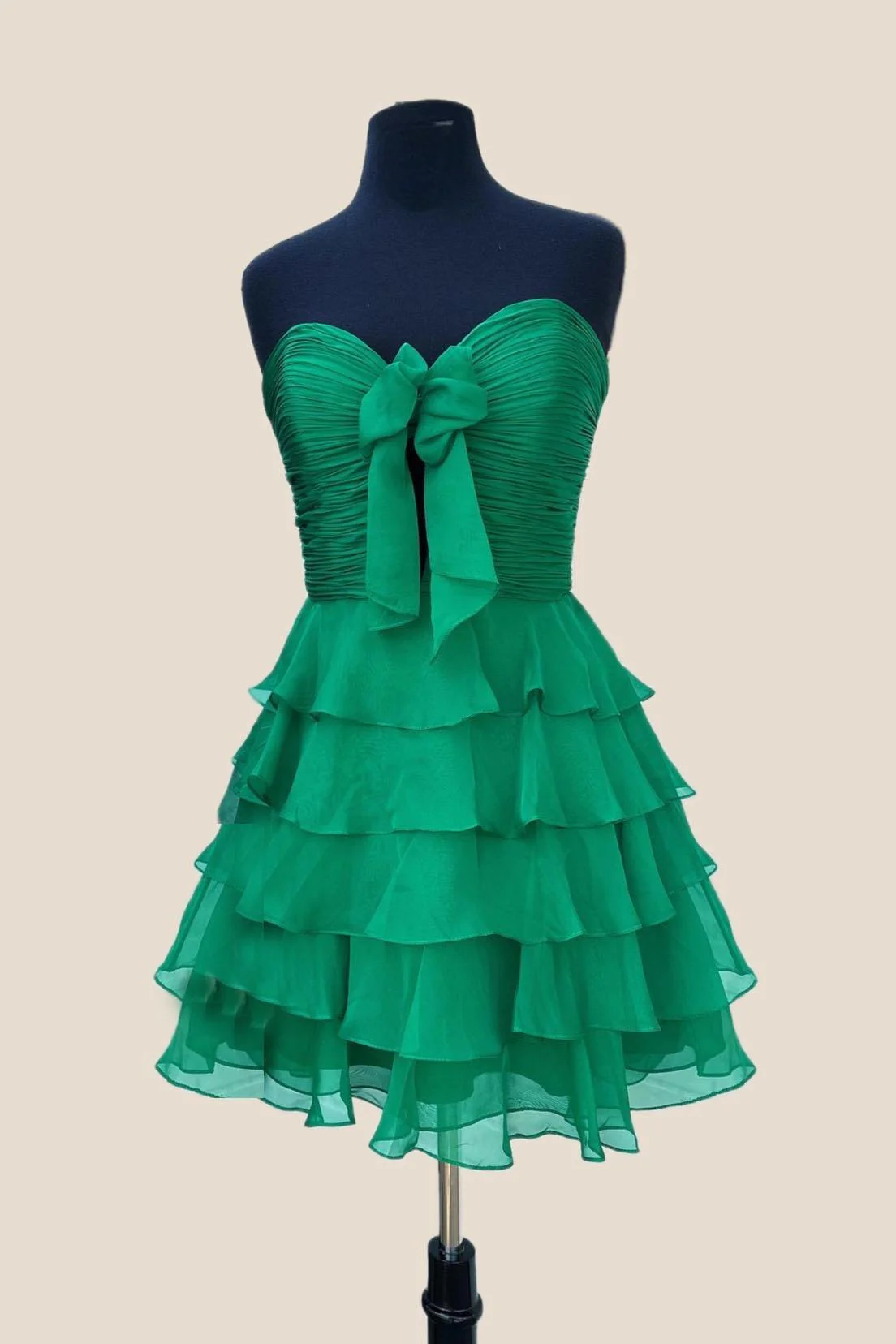 Strapless Hot Pink Chiffon Bow Ruffle Short Dress