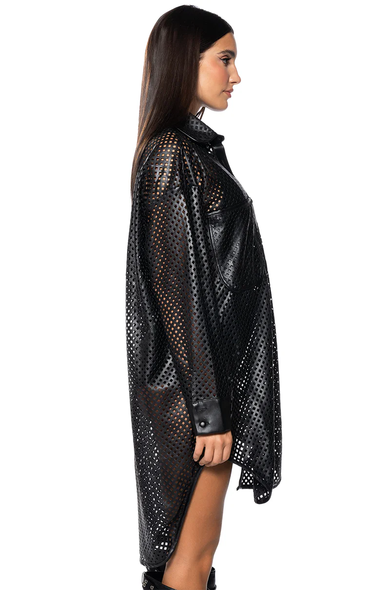Laser Cut Vegan Leather Button Down Dress