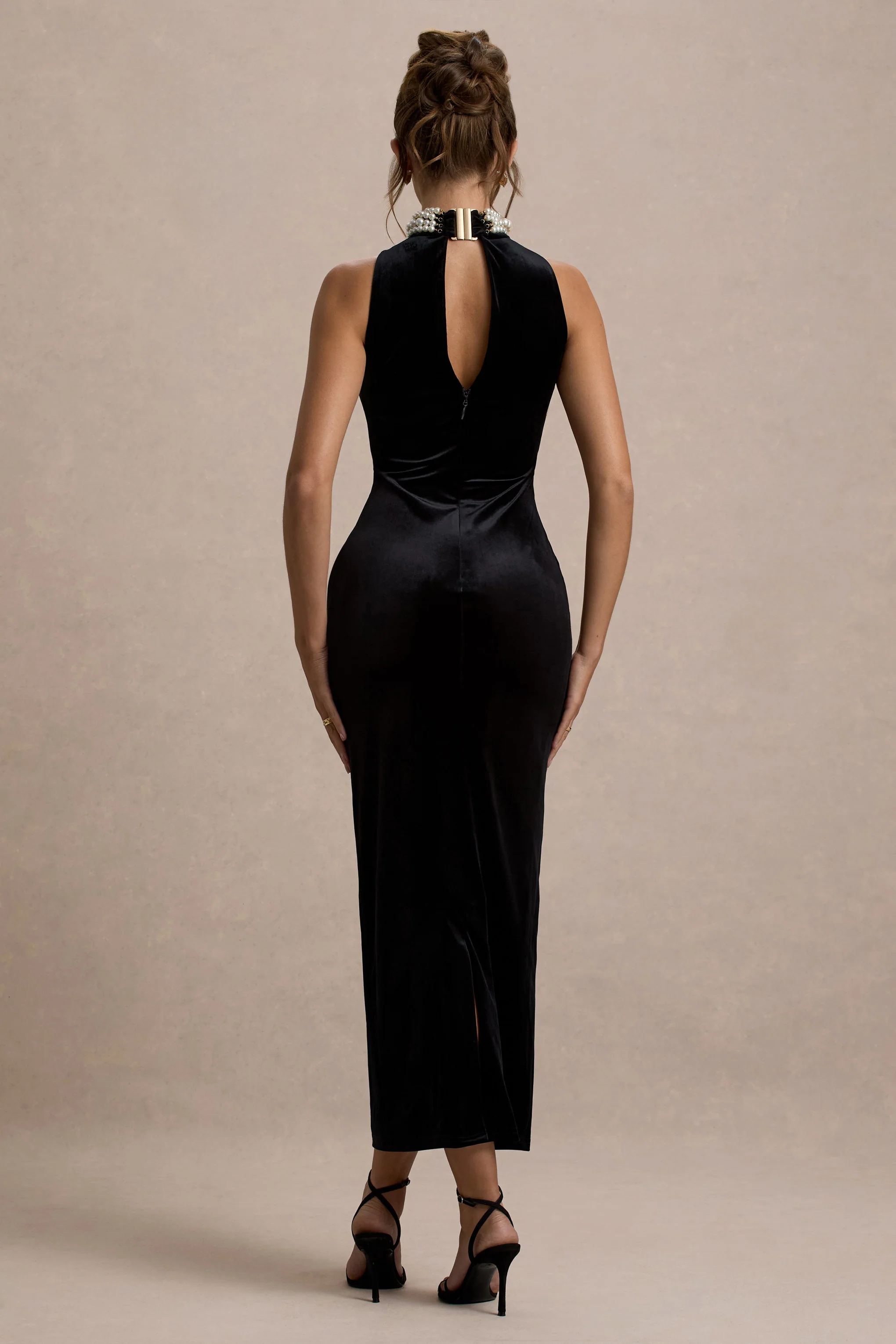 Audrine | Black Velvet Embellished High-Neck Maxi Dress