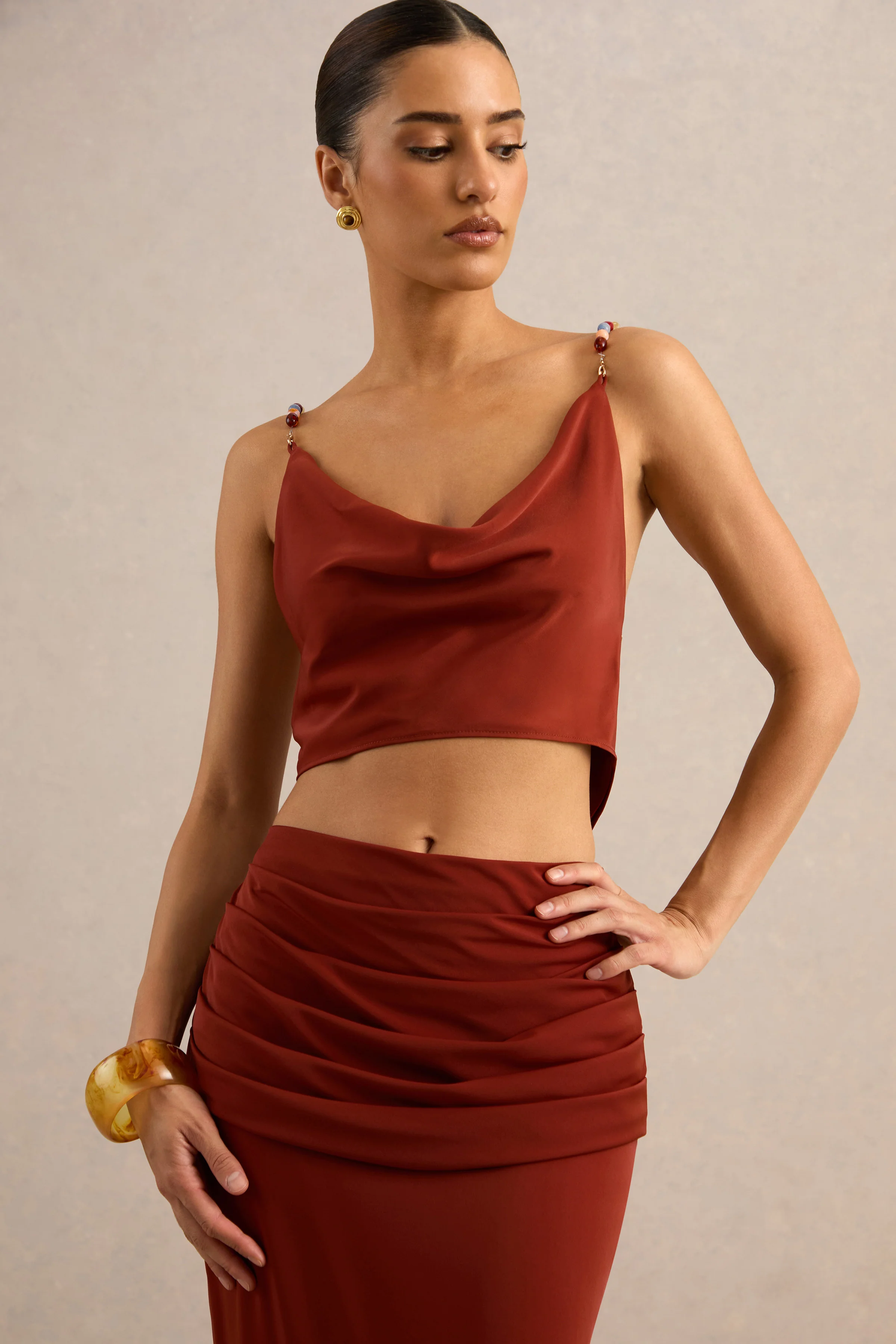 Anina | Rust Satin Cowl-Neck Crop-Top