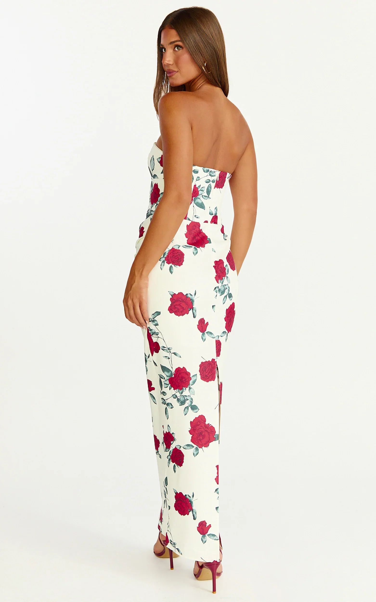 Dahlia Midi Dress - Strapless Draped Cowl Waist Fitted Dress in Scarlet Rose Print
