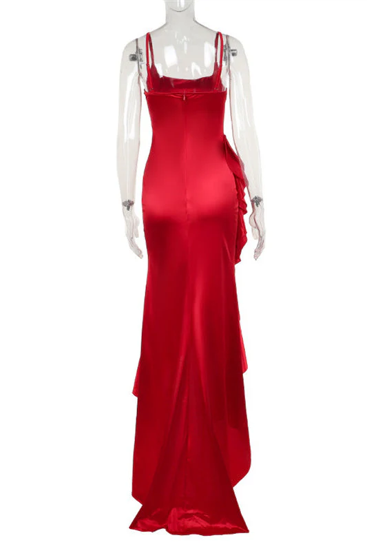 Square Neck Red Ruffle Long Dress