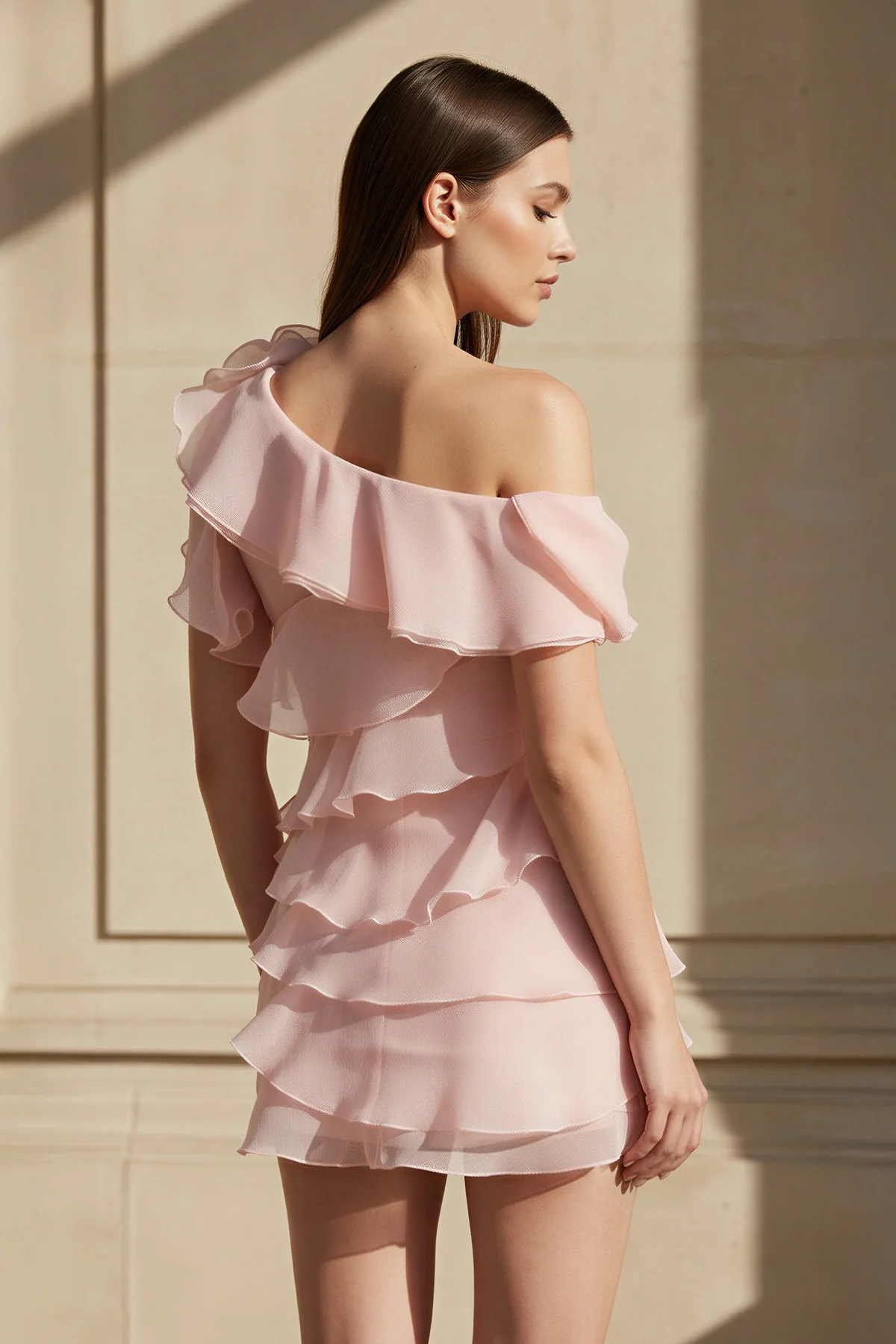 One Shoulder Ruffled Mini Dress in Pink