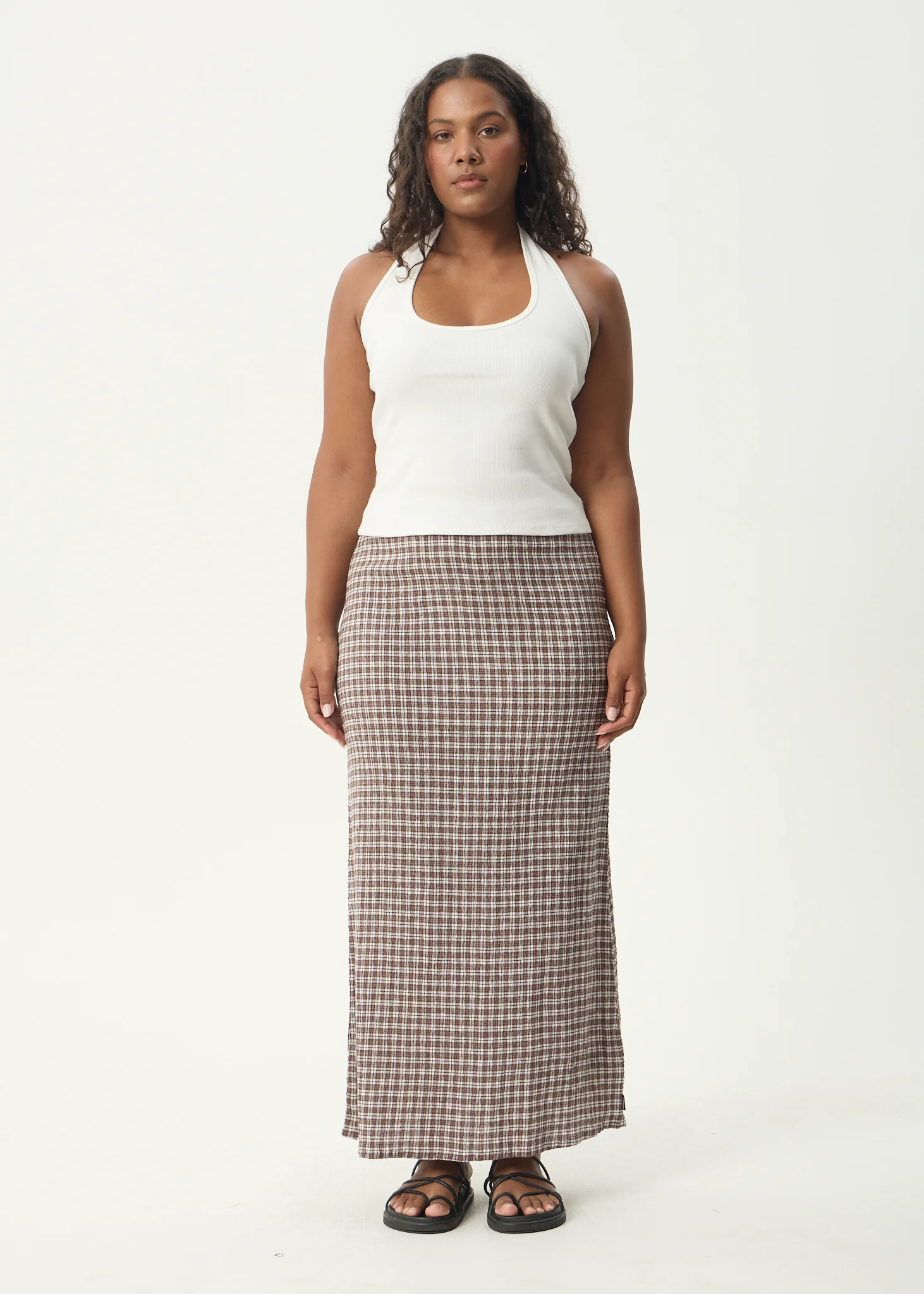 AFENDS Womens Lita - Seersucker Maxi Skirt - Base Coffee Check