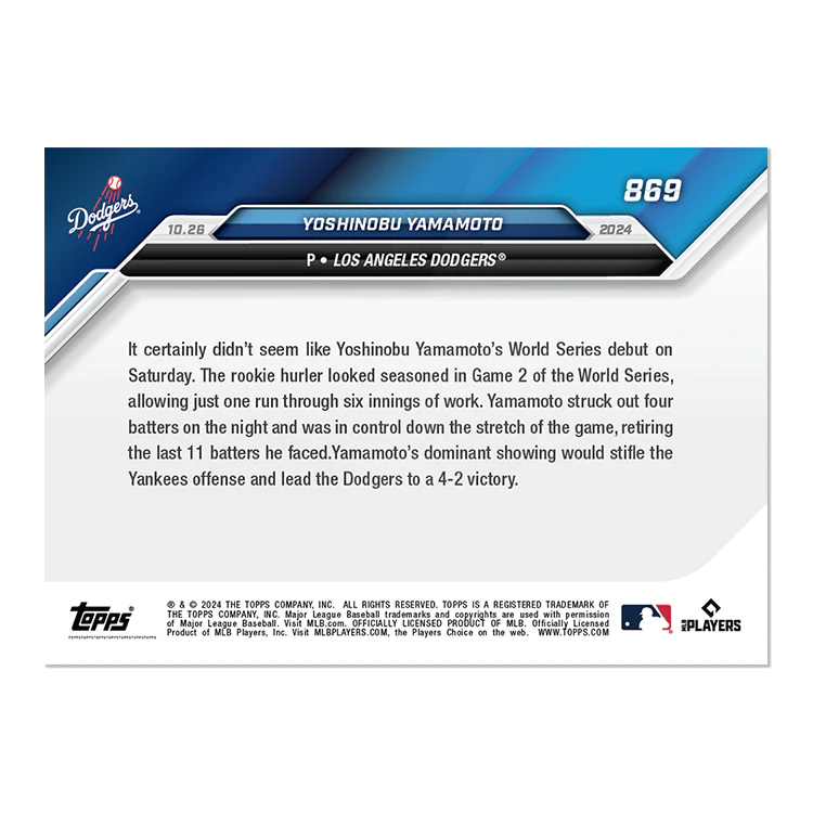 Yoshinobu Yamamoto - 2024 MLB Topps NOW® Card 869 - LOOK FOR RELICS