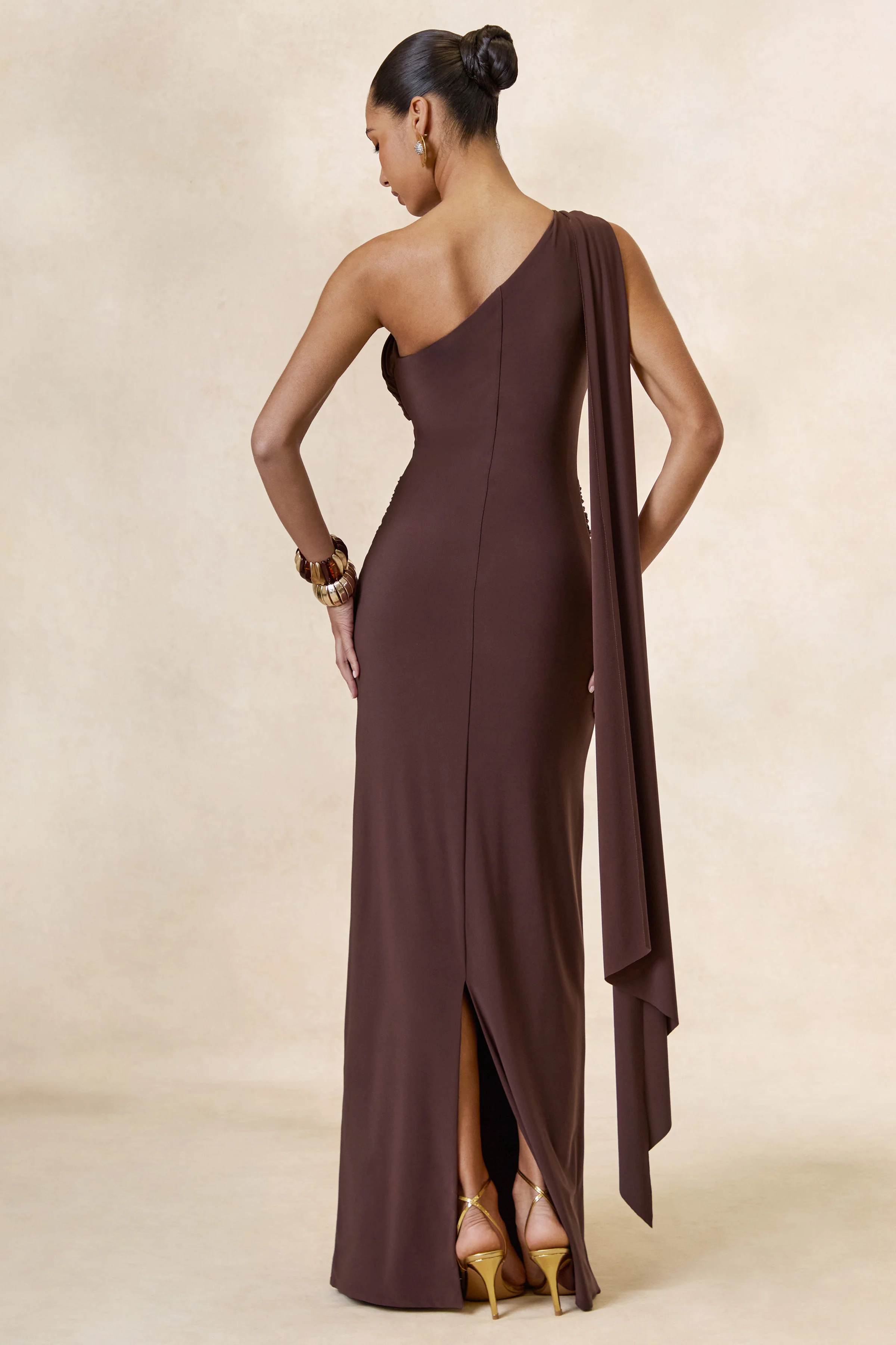Sariah | Dark Brown Asymmetric-Neck Maxi Dress With Gathered Detailing