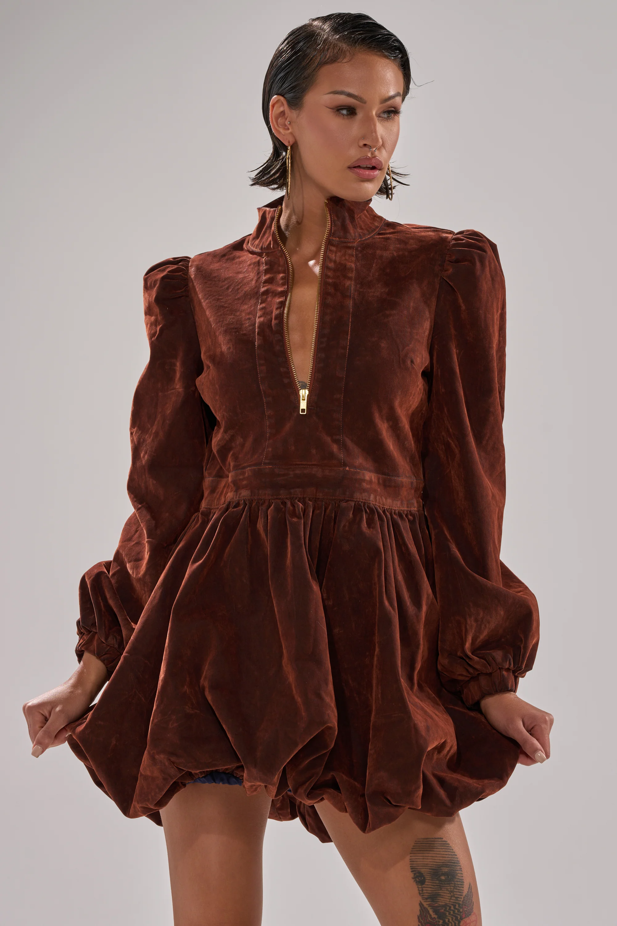 Pass The Bubbly Mini Dress In Velvet Denim