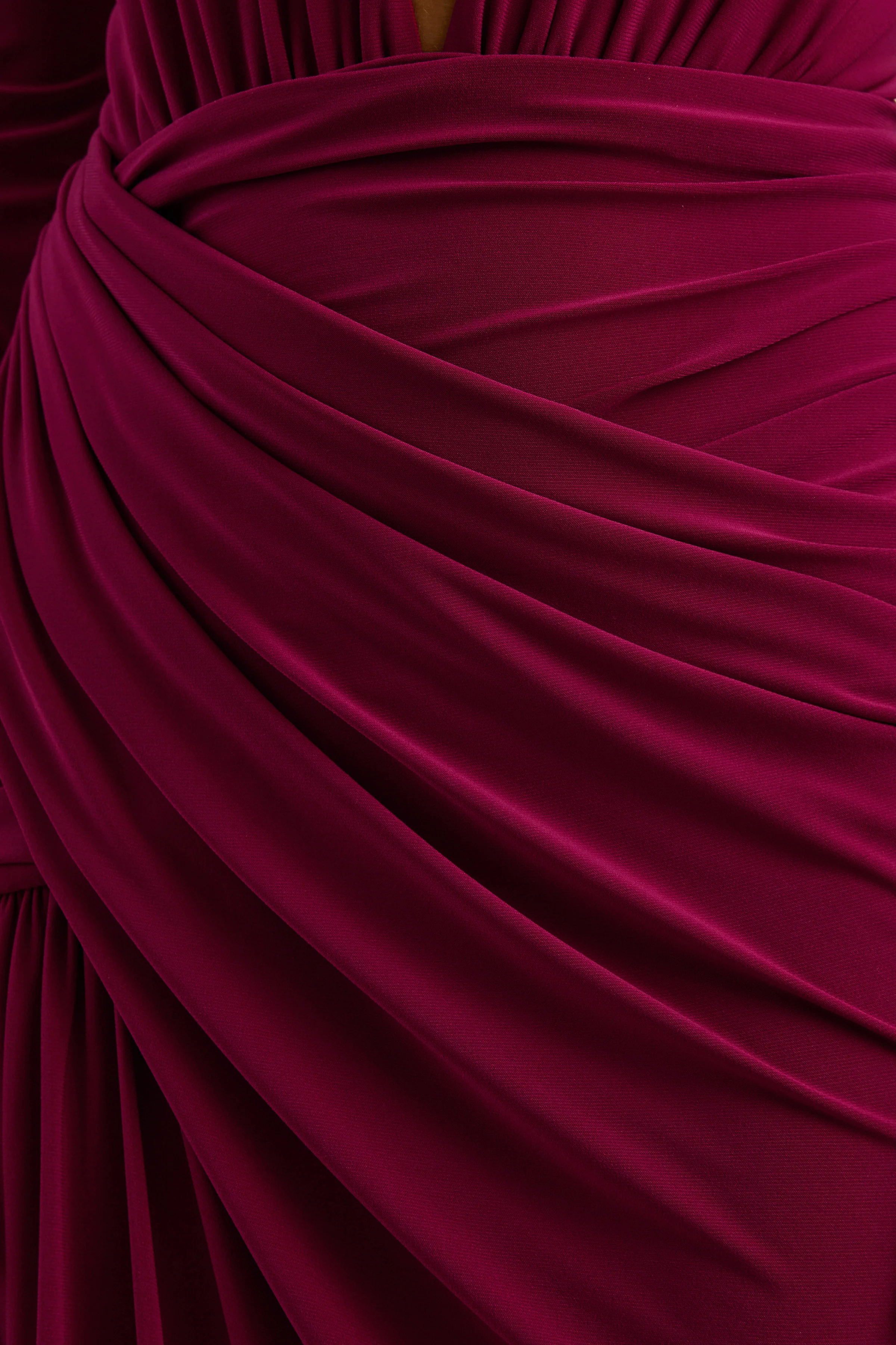 Tahlina | Burgundy Jersey Ruched Plunge Long Sleeve Maxi Dress With Draped Detailing