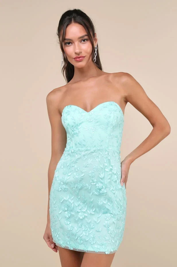 Exquisite Sensation Teal Floral Embroidered Strapless Mini Dress