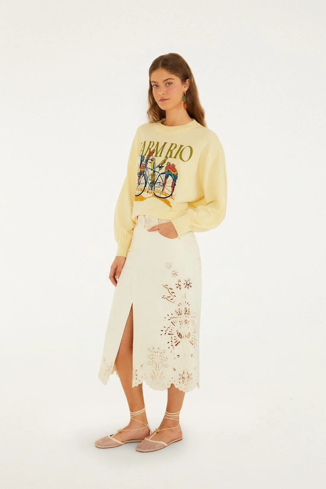 Beige Geometric Richelieu Twill Midi Skirt