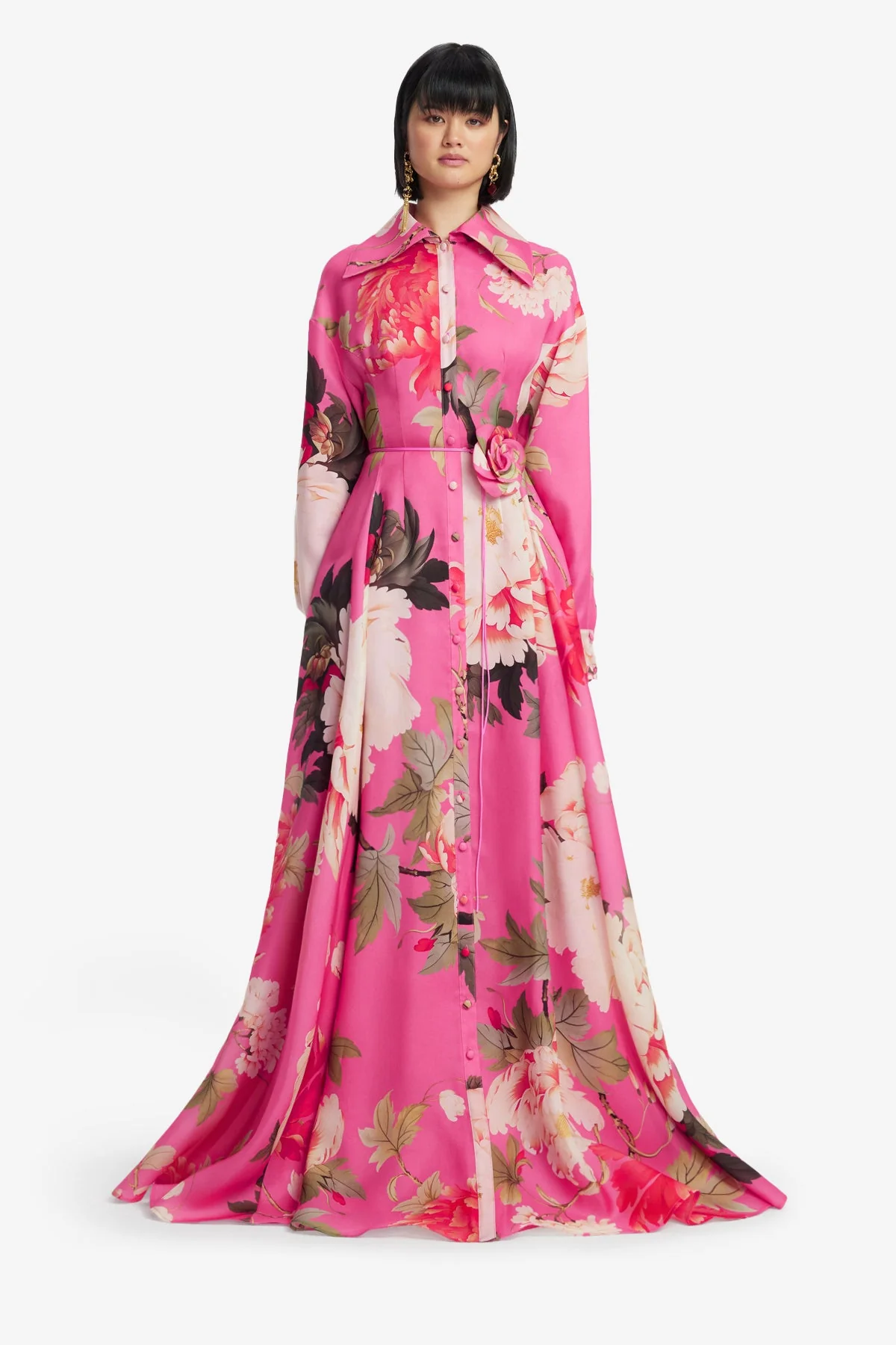 Josephine Silk Gown - Peony Print in Fuchsia