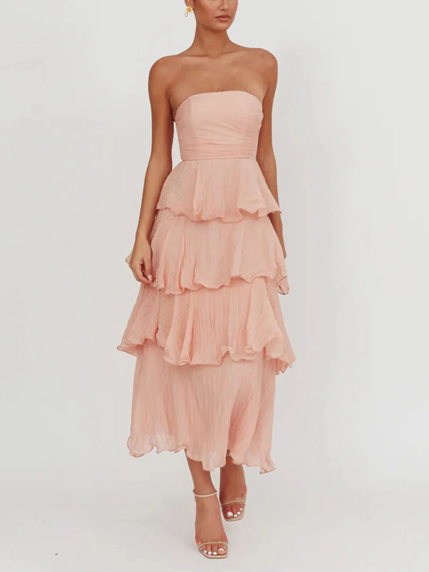 Light Pink Strapless Tiered Midi Dress