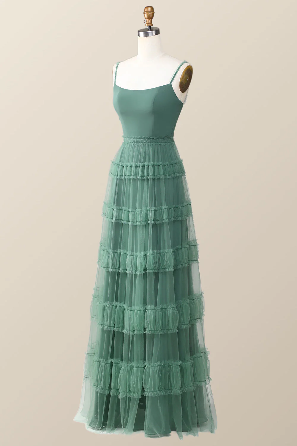Eucalyptus Tulle Ruffle Long Dress with Straps