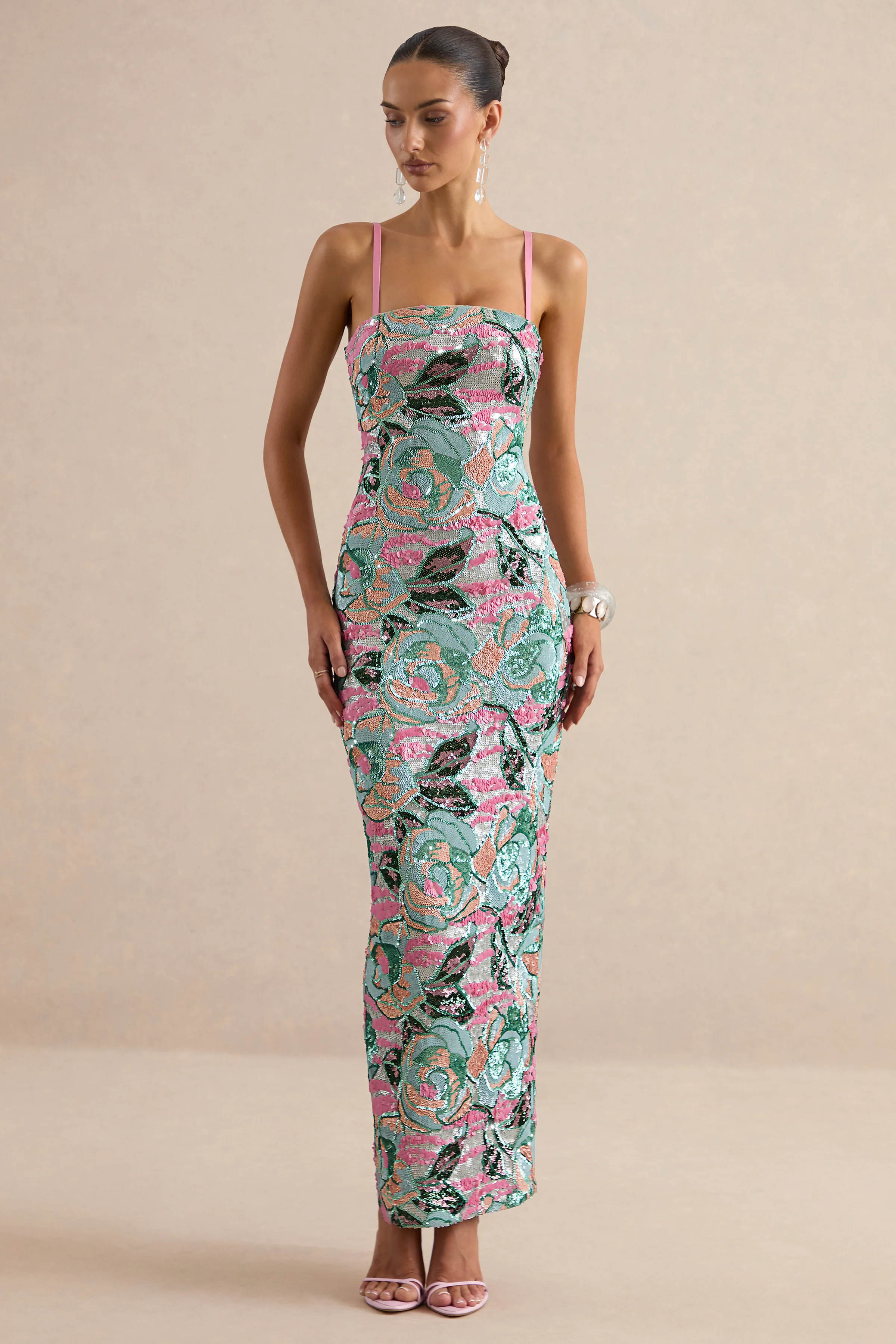 Xandra | Light Blue Floral Print Sequin Bandeau-Neck Maxi Dress