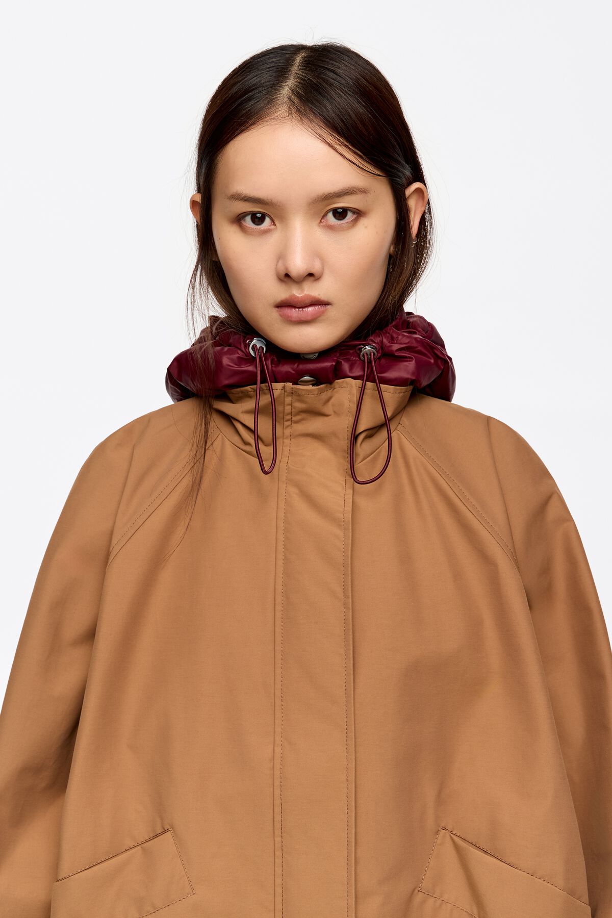 Brown detachable padded hood trench