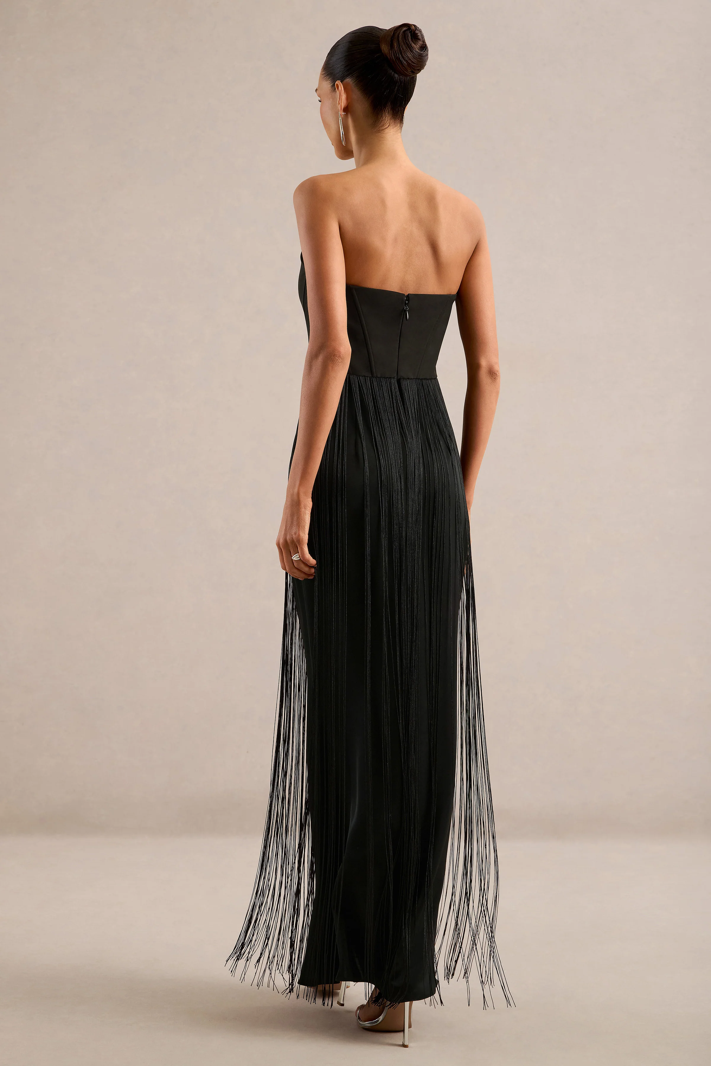 Manuela | Black Bandeau Maxi Dress With Fringe Detailing