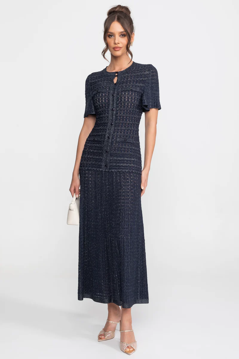 Short Sleeve Midi Dress With Shimmer Knit Texture