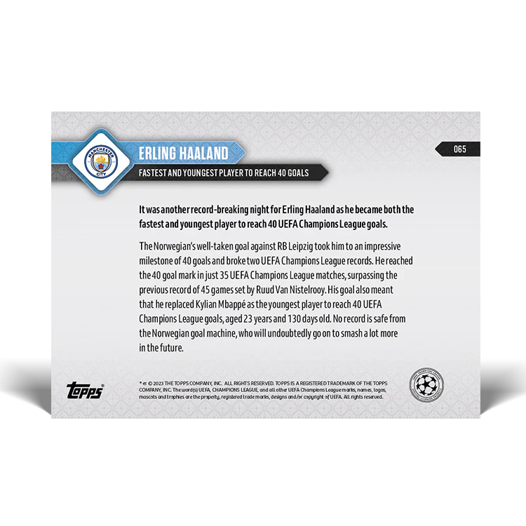 Topps UK - Erling Haaland - UEFA Champions League Record: Fastest and Youngest Player to reach 40 goals - UCL TOPPS NOW® Card #65