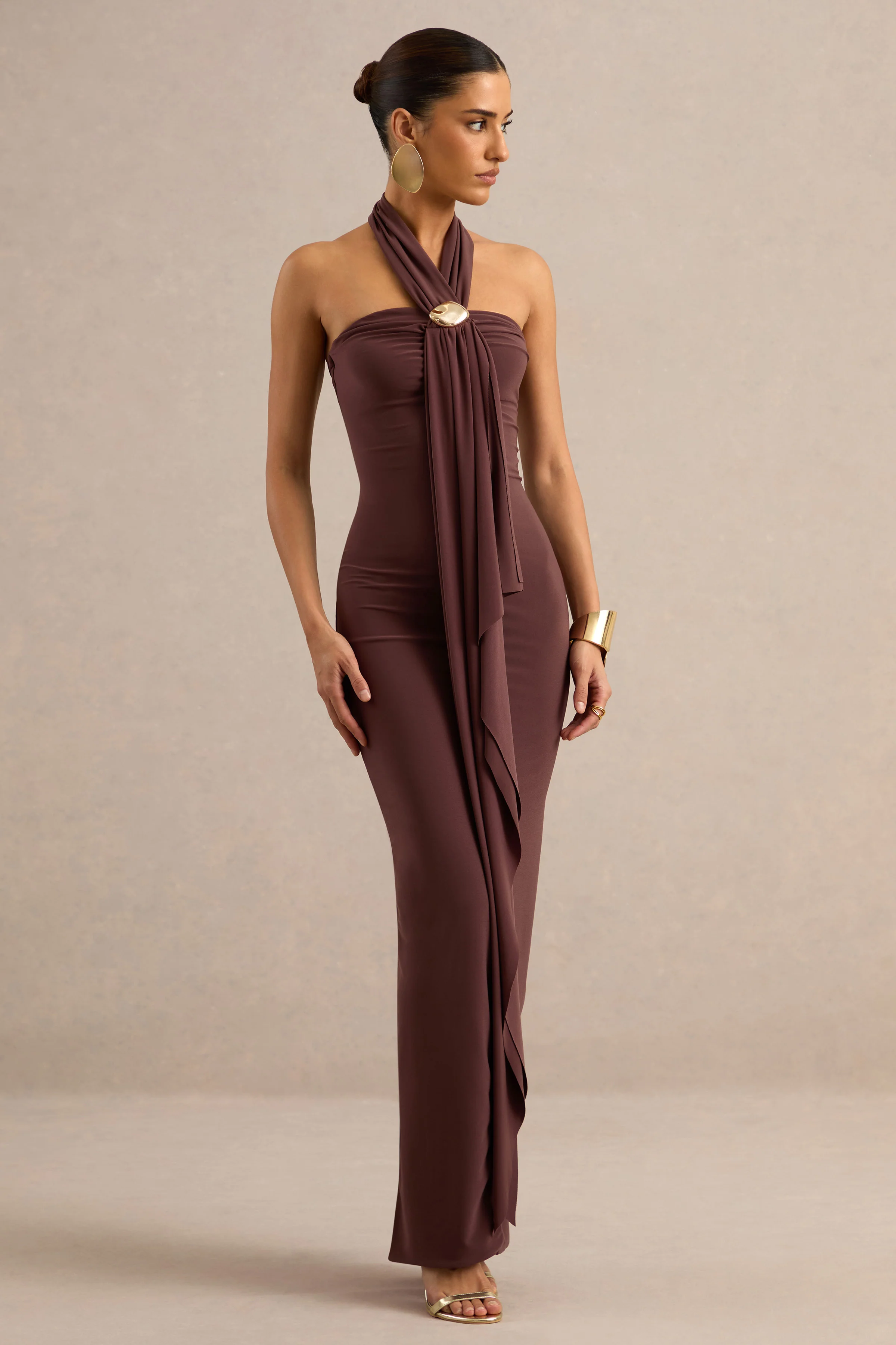 Delaina | Dark Brown Halter-Neck Maxi Dress With Gold Detail And Sash