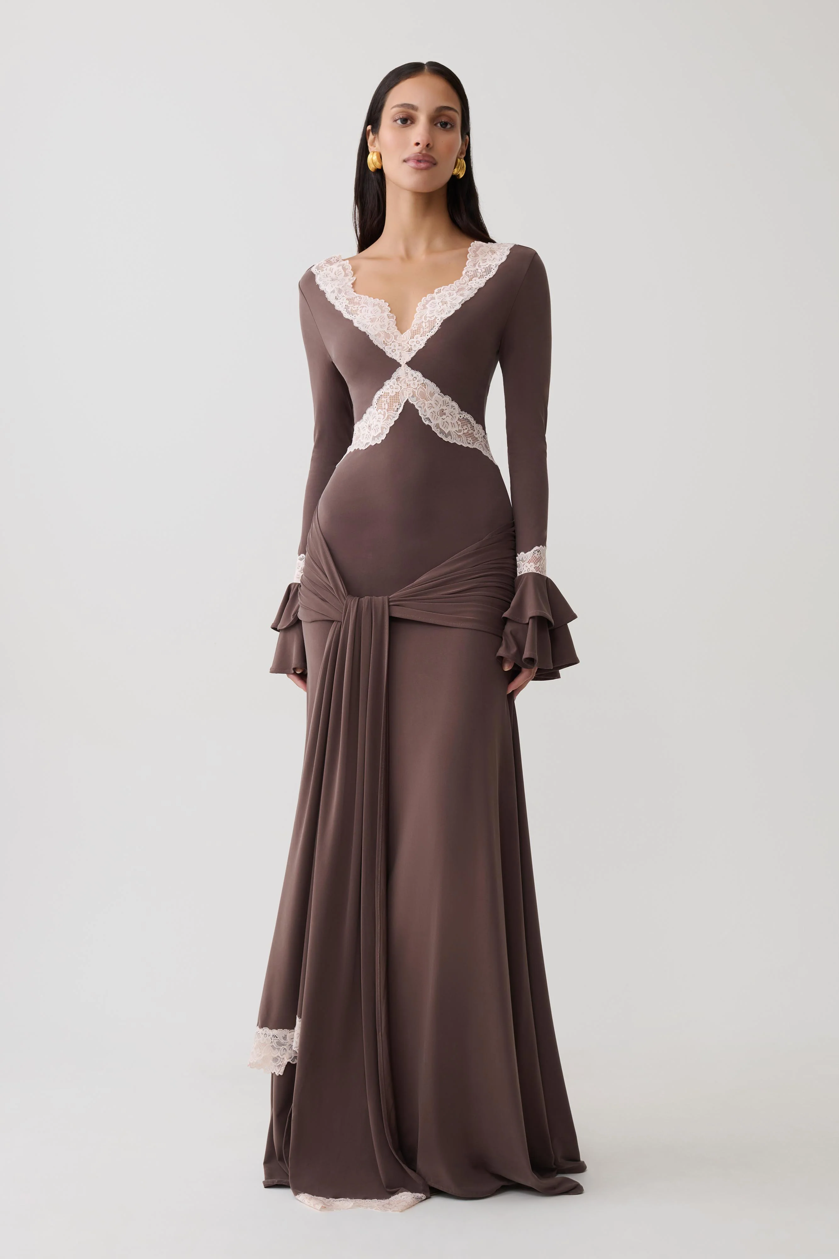 Electra Slinky Lace Maxi Dress - Chocolate/Ballet Pink