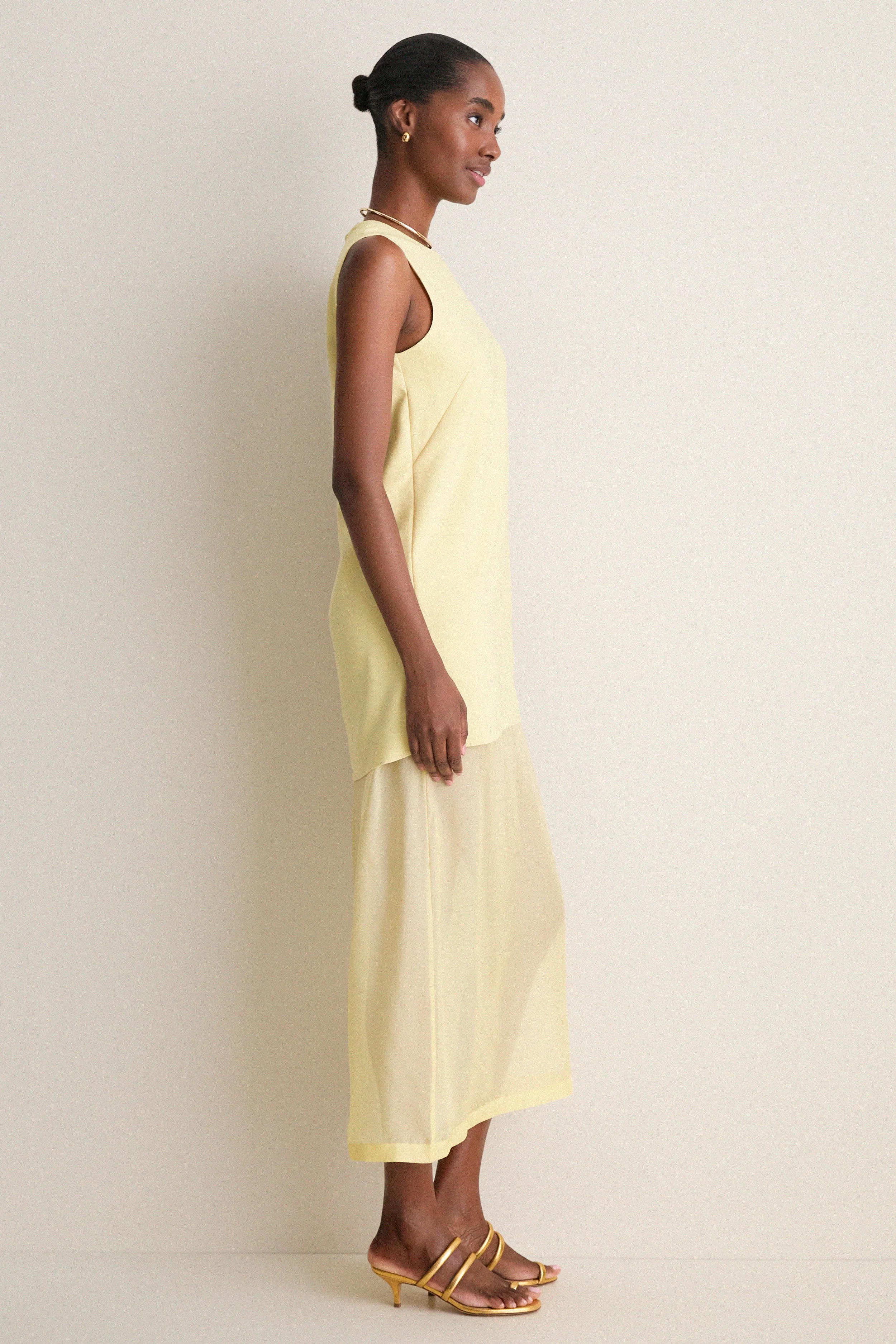 Pale Yellow Bonotto Crepe and Silk Chiffon Dress