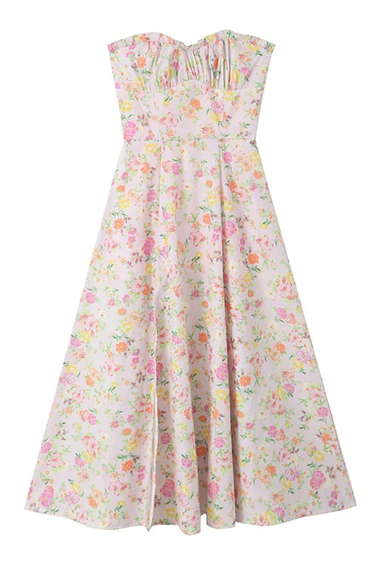 Pink Floral Print Long Dress with Boning