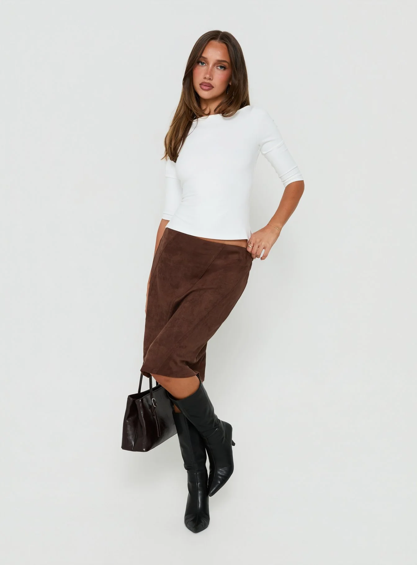 Shades Of Love Faux Suede Midi Skirt Chocolate