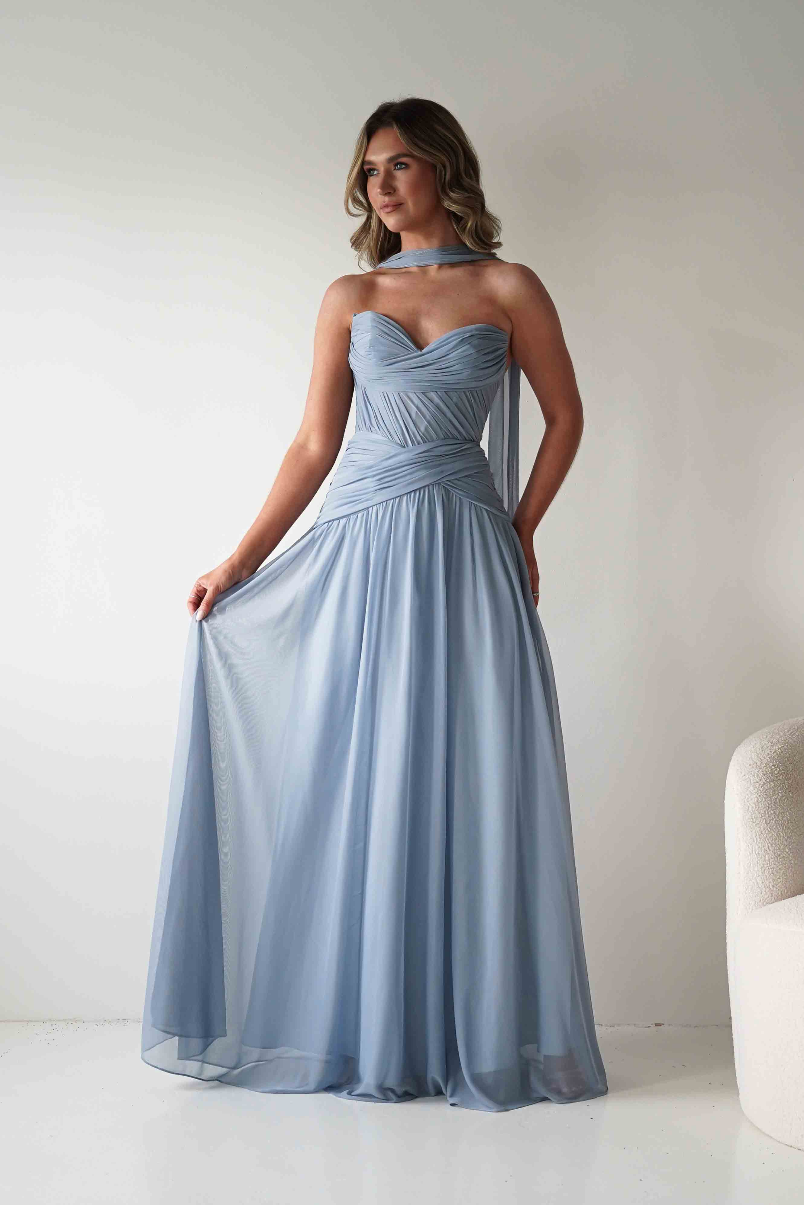 Nicolette Strapless Chiffon Maxi Gown | Dusty Blue
