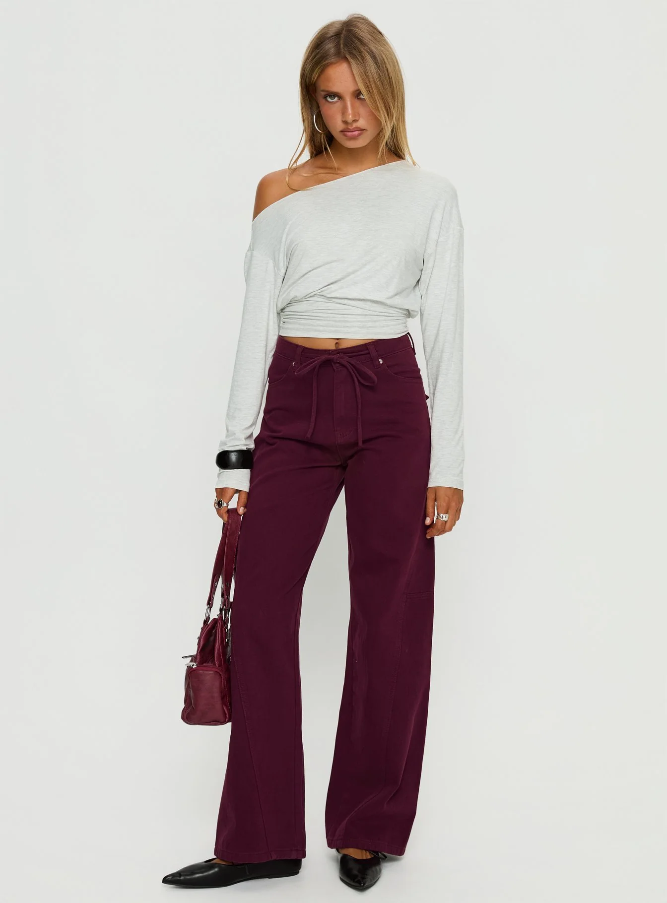 Bruiser Tie Waist Mid Rise Wide Leg Jeans Currant