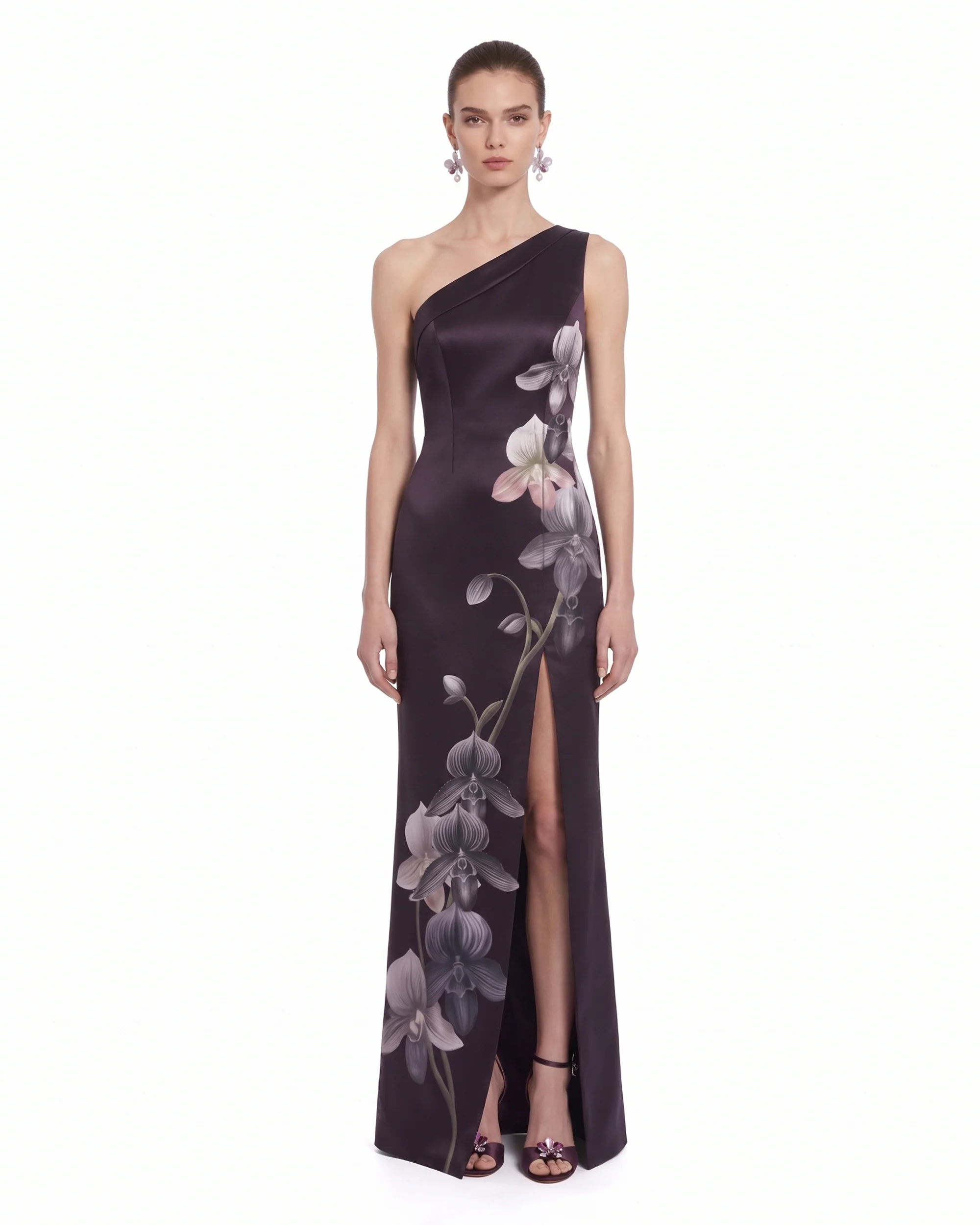 Floral One-Shoulder Slit Maxi Dress - Dark Purple