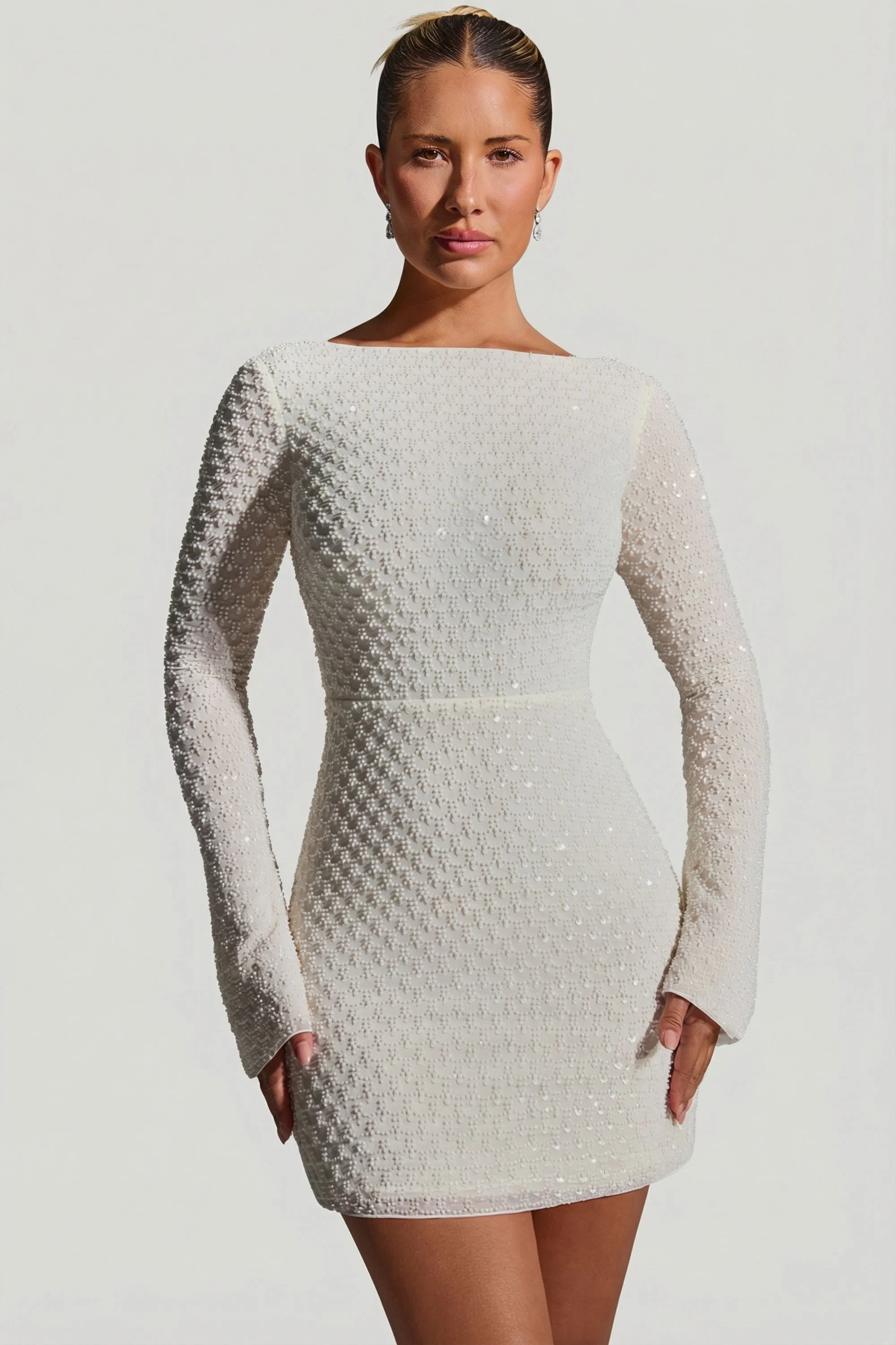 Embellished Open-Back A-Line Mini Dress in White