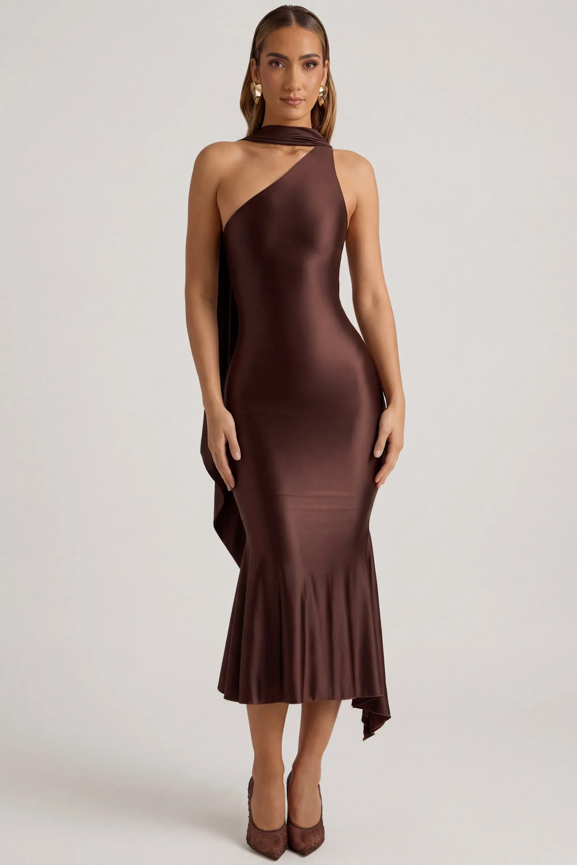Asymmetric Scarf-Detail Midaxi Dress in Chocolate Brown