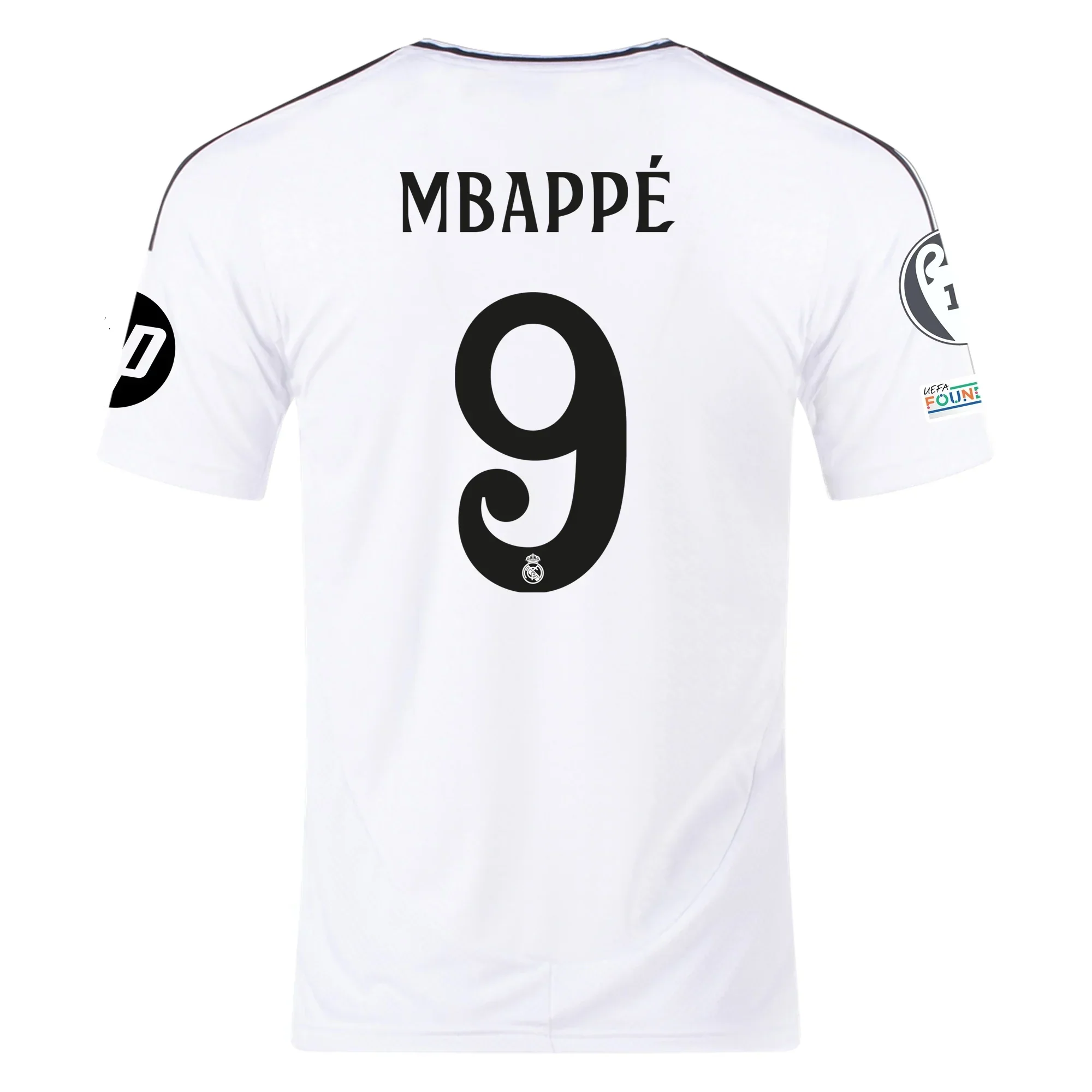 Real Madrid Kylian Mbappe Home Jersey 24/25 w/ Champions League Patches (White/Black)