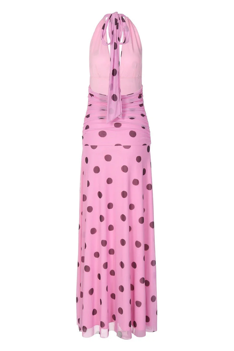 Pink Polka Dot Halter Long Dress