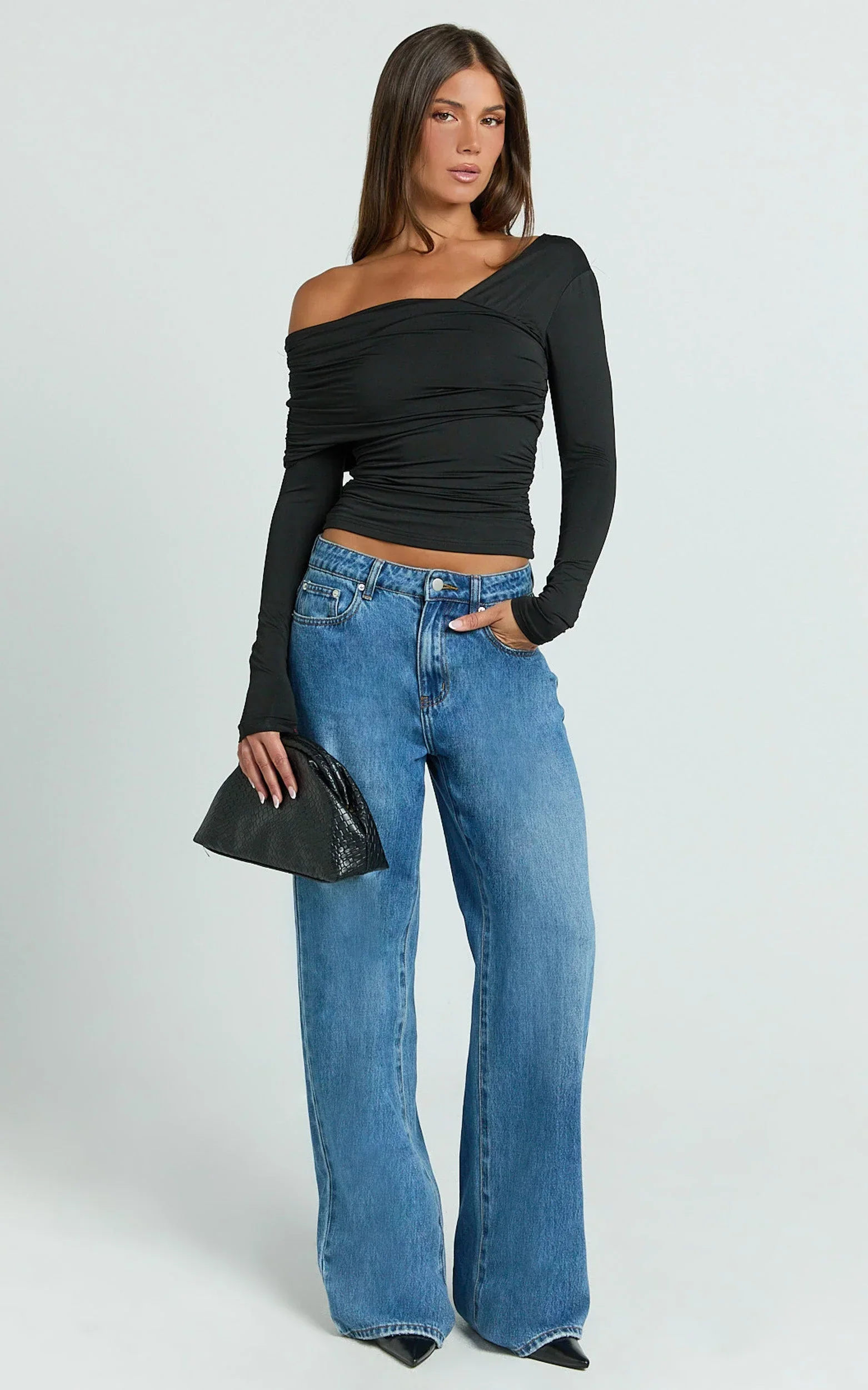 Cate Top - Long Sleeve Asymmetrical Neckline Top in Black