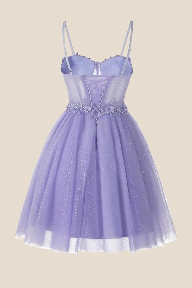 Straps Lavender Appliques Sparkle Tulle Short Dress