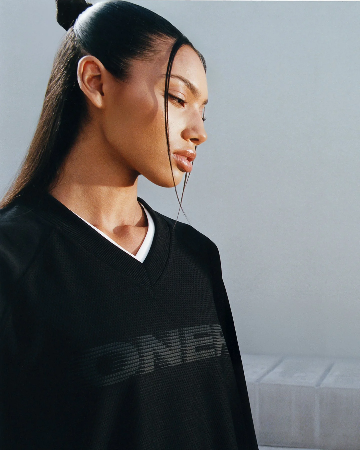 Oversized V Neck Long Sleeve T-Shirt with Oner Graphic | Black