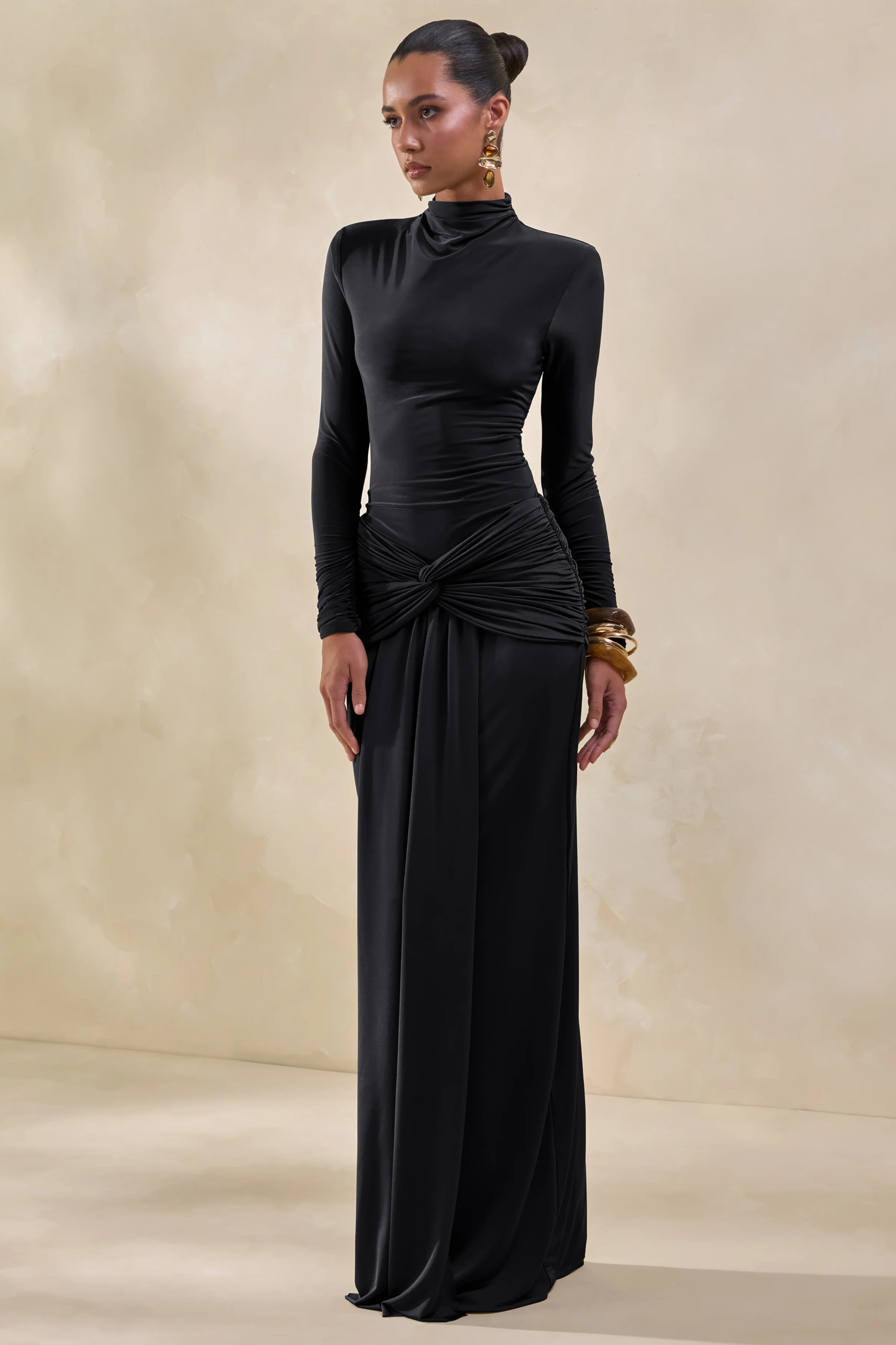 Theria | Black Maxi Skirt With Gathering And Knot Detail