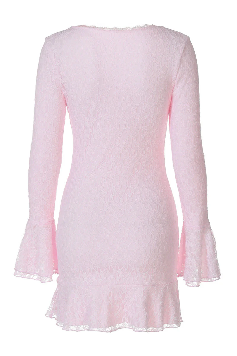 Long Sleeves Pink Lace Ruffled Short Dress