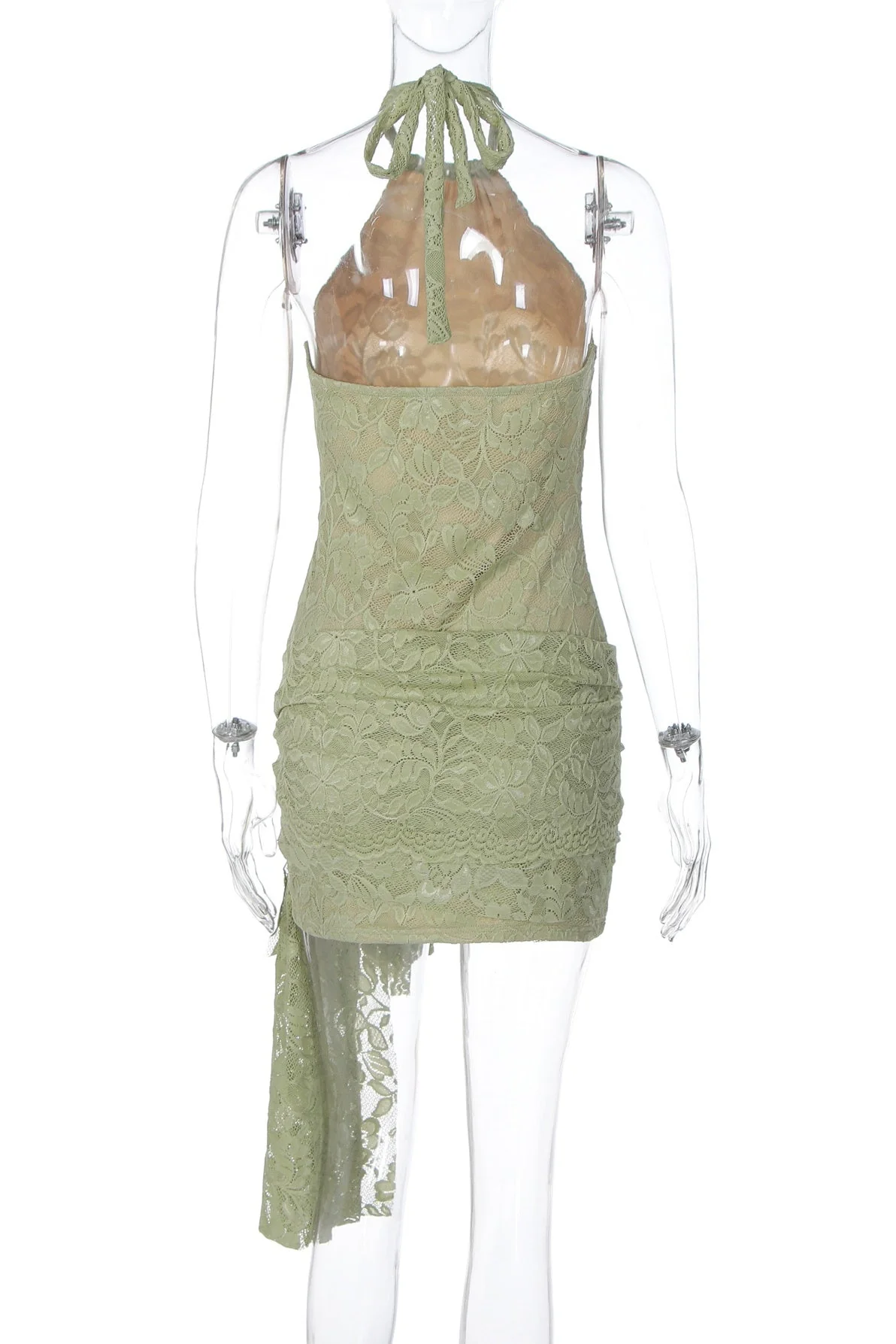 Halter Sage Green Lace Tight Dress with Train