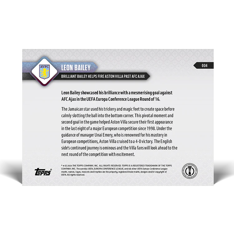 Topps UK - Leon Bailey - Brilliant Bailey helps fire Aston Villa past AFC Ajax - UECL TOPPS NOW® Card #4